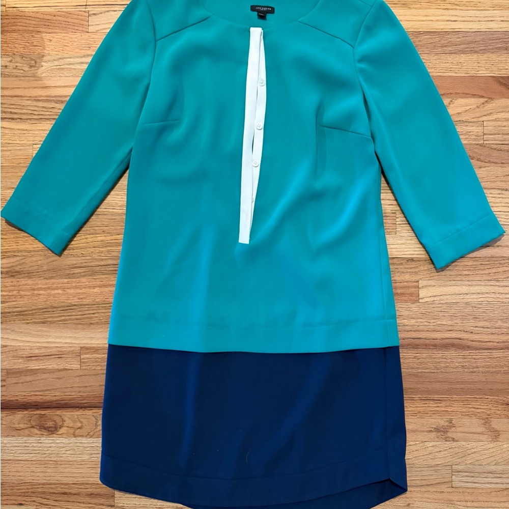 Ann Taylor Teal & Navy Colorblock Shift Dress with White Placket